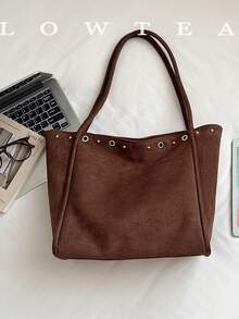 low tea 1pc Minimalist Suede Fabric Shoulder Tote Bag, Suitable For Commuting, Shopping, Etc. (With Pendant) - Coffee - View 4