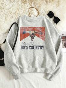 Women's Retro-Style Hoodie; Western-Style Autumn Sweatshirt With Bull Print; Solid Color Design, With Long Sleeves... - Light Grey - View 3