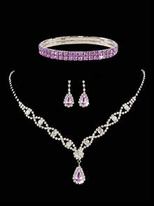 REMANLAND 4pcs Rhinestone Jewelry Set, Rhinestone Pendant Necklace, Earrings, Bracelet, Paired With Sparkling Rhinestone Pleated Clutch Evening Bag, Elegant Women's Shoulder Party Bag, Suitable For Wedding, Party, Ball, Evening Event - Purple - View 4