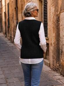 NZZOF V-Neck Versatile Knit Sleeveless Sweater Vest, Solid Color Casual Autumn/Winter Knit Vest (No Lining) - Black - View 2