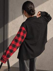 Women's Red And Black Plaid Patchwork Button Front Shirt With Chest Pocket, Long Sleeve Collared Casual Top - Black - View 5