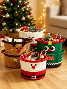 Christmas Cotton Rope Storage Basket. Portable Basket With Handles-Ideal For Organizing Gifts Or Desktop Items. A Festive Home Decor Piece Suitable For Living Rooms And Bedrooms; Perfect As A Storage Container For Parties And Home Use. - Multicolor - View 7