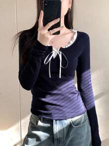 Women's Spring/Summer Patchwork Ruffle Front Tie Long Sleeve Casual T-Shirt - Navy Blue - View 5