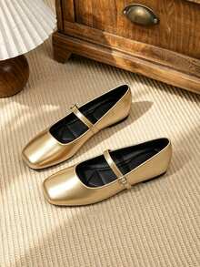 Square Toe Minimalist Mary Jane Shoes, Versatile Women Shoes - Gold - View 1