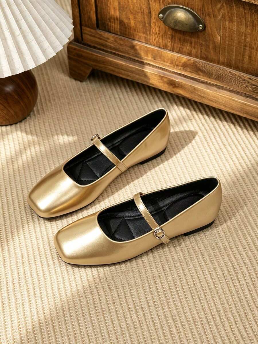 Square Toe Minimalist Mary Jane Shoes, Versatile Women Shoes - Gold - View 1
