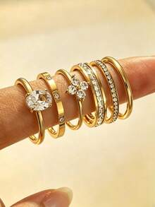 6pcs 18K Gold Plated Stainless Steel Ring Set, Stackable Rings, Clover, Ins Style, Waterproof Jewelry, Elegant Rings, Gemstone Rings, Gold Set Jewelry, Exquisite Gift, - Gold - View 12