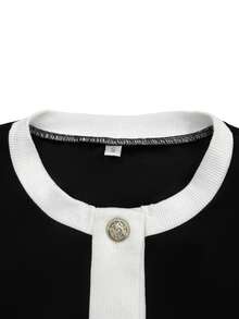 Women's Spring/Autumn Classic Black & White Colorblock Knit Set, Cropped Top And Flared Pants, Slimming Fit Luxury Casual Outfit For Cafe And Commute - Black - View 4