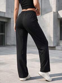 Women's Straight Leg Drawstring Pants With Zipper Pocket And Elastic Waist, Casual Athletic Pants For Daily Wear - Black - View 9