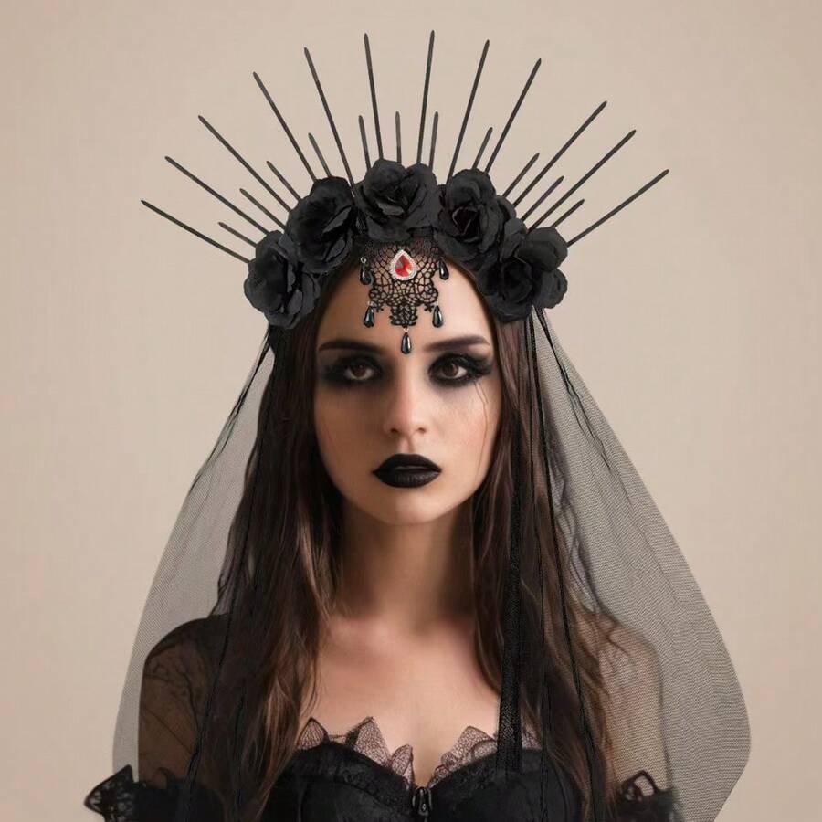 Upgraded One-Piece Molded Headband, European And American Halloween Vintage Gothic Queen Costume Accessory - Black - View 1