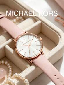 Michael Kors MK2741 Women's Quartz Watch 38mm Large Dial Rose Gold Nude Pink Leather Strap Rhinestone Index Commuter Wristwatch Gift - Pink - View 2