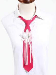 1Pc Women Pink/Black/Green 3D Flower Lace Ribbon Pre-Tied Necktie Sweet Style For School Daily Party - Multicolor - View 2