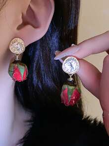 1 Pasang Anting Liontin Bunga Mawar Kering Gaya Prancis, Cocok untuk Perjalanan Sehari-hari dan Serbaguna - Merah - View 2