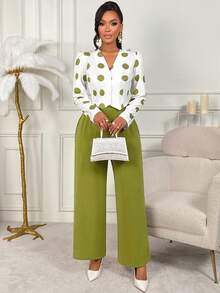 Women's Casual Elegant Polka Dot 2 Pieces Set, Including Cardigan Collar Shirt And Wide Leg Pants, Suitable For Autumn - Green - View 7