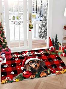 Red & Black Plaid Christmas Cute Dachshund Print Doormat, Rectangular Plush Non-Slip Absorbent Dirt-Resistant Entryway Mat, Christmas Winter Holiday Decor Foot Mat - Multicolor - View 3