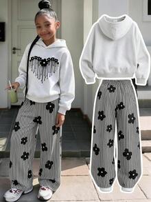 Tween Girls Fashion Floral & Heart Print Hooded Sweatshirt With Floral Vertical Stripe All-Over Print Wide Leg Long Pants 2-Piece Set, Suitable For Spring, Autumn And Winter Wear - Light Grey - View 2