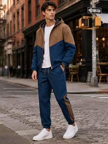 1 Set Men's Loose Brown & Navy Colorblock Sports Outfit, With Contrast Striped Joggers, Minimalist Street Style - Teal Blue - View 2