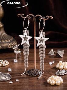 Women's Long Tassel Earrings With Star & Rhinestones, Hollow Pentagram Multi-Drip Rhinestone Exaggerated Earrings, Sparkling Earrings For Evening Party - Silver - View 4