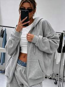 Women's Loose Full Zip Knit Hoodie With Drawstring, Warm Lining Long Sleeve Mid-Length Streetwear Jacket, Suitable For Winter Wear - Light Grey - View 6