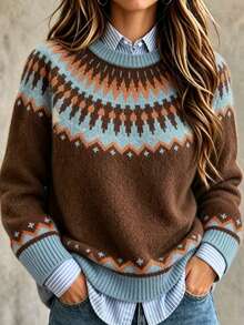 Women's Casual Autumn/Winter Fair Isle Pattern Crew Neck Contrast Color Long Sleeve Loose Knit Pullover - Chocolate Brown - View 2