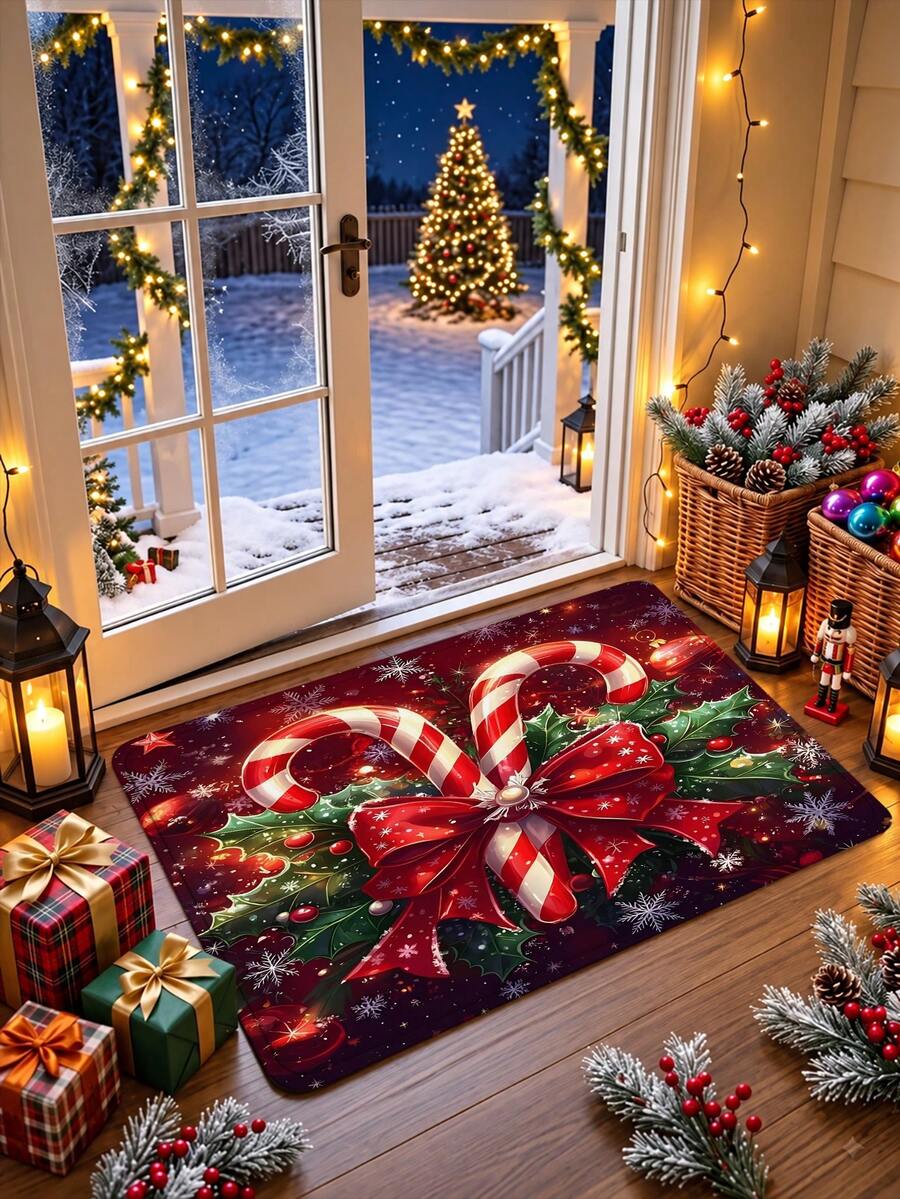 Christmas Design Welcome Doormat, Holiday Candy Cane, Bow And Gift Pattern, Machine Washable Polyester Material, Non-Slip Backing, Suitable For Bathroom, Living Room, Bedroom, Kitchen, Office Decoration, Holiday Doormat | Holiday Welcome Doormat | Polyester Doormat