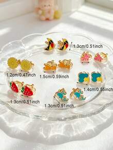 7 Pairs Personalized Non-Pierced Ear Clips Jewelry Set, Weekly Non-Repeating Style, Multiple Designs For Versatile Matching, Small Flower, Small Strawberry, Whale, Small Cat, Cloud, Etc., Daily Wear Jewelry, Holiday Celebration Outfit - Gold - View 2
