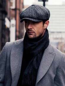 Men's Classic Newsboy Cap, Casual Vintage Beret, Herringbone Tweed Wool Hat - A - View 3
