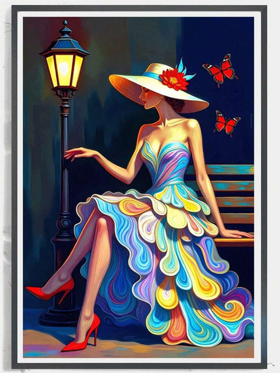 1pc Diamond Painting Kit, Artistic Gradient Color Portrait Diamond Art, Elegant Lady With Street Lamp And Butterfly Decorative Painting, Handmade Rhinestone Wall Decor For Living Room And Bedroom