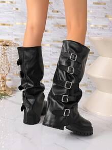 Women's Tall Boots With Belt Buckle, Retro Boots, Ruched Stacked Boots, Thick Sole Leggings Boots, Motorcycle Boots - Black - View 6