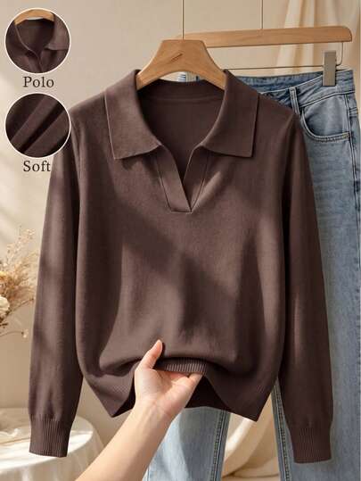 GIGOGOU Women's Basic Autumn/Winter Polo Collar Knit Sweater, Casual Long Sleeve Soft Comfortable Pullover, White Top