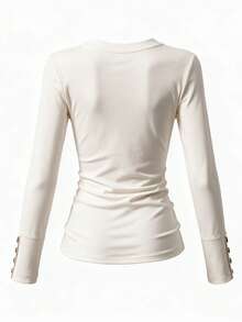 Women's Thermal Lined Long Sleeve Henley Top, Button Decor, Polyester Regular Fit, Autumn/Winter - White - View 7