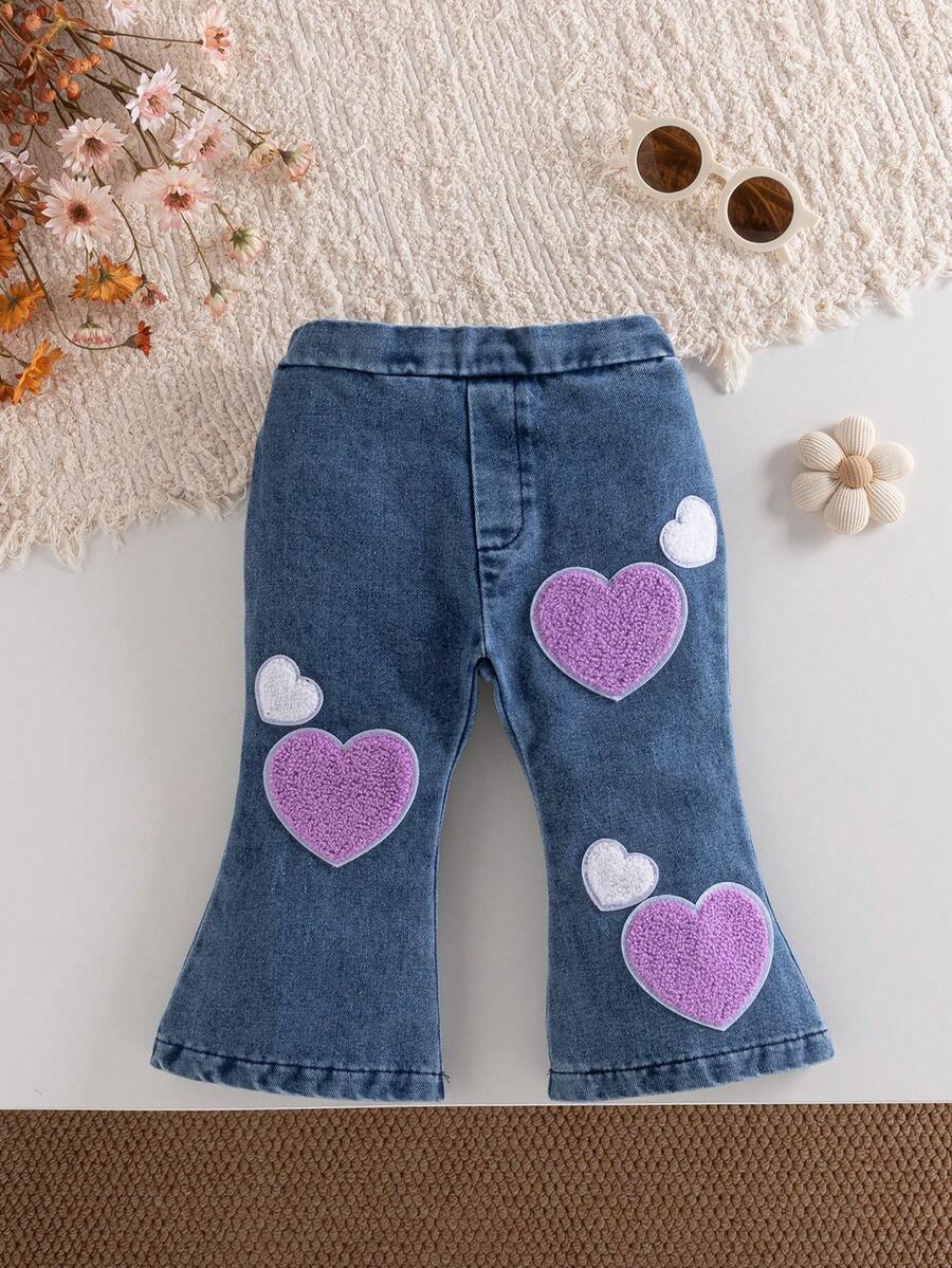 1pc Baby Girl Sweet Style Washed Chenille Heart Patchwork Retro Flare Leg Pants, Spring/Autumn Back To School - Light Wash - View 1