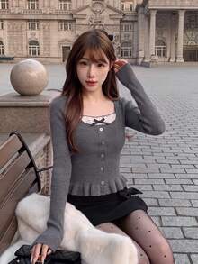Korean Style Square Neck Polka Dot Bowknot Fishtail Hem Ruffle Waist Long Sleeve Knit Sweater Women Autumn Winter Inner Layer Base Layer Button Slim Fit Pure Desire Sweater Top - Dark Grey - View 6