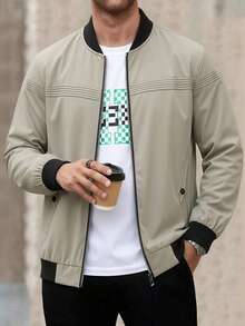 Men's Autumn/Winter Baseball Collar Zipper Front Casual Versatile Daily Travel Pilot Jacket Coat Suitable For Outdoor Sports & Commuting - Khaki - View 1