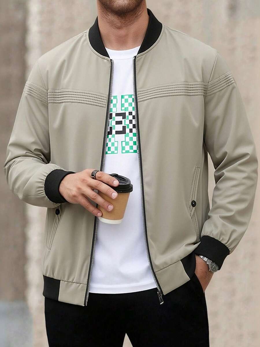 Men's Autumn/Winter Baseball Collar Zipper Front Casual Versatile Daily Travel Pilot Jacket Coat Suitable For Outdoor Sports & Commuting - Khaki - View 1