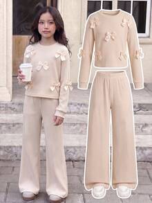 Girls' Casual Fashion 2pcs Set With 3D Bow Design Long Sleeve Top And Straight Leg Pants, Spring/Autumn - Apricot - View 1