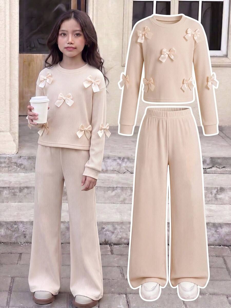 Girls' Casual Fashion 2pcs Set With 3D Bow Design Long Sleeve Top And Straight Leg Pants, Spring/Autumn - Apricot - View 1