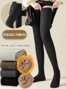1 Pair Women Solid Ribbed Extra Long Thick Fleece Lined Stretchy Warm Casual Over Knee Socks For Fall Winter Daily Wear - Multicolor - View 1