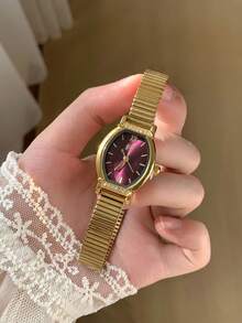 1pc Women's Gold-Tone Quartz Watch With Deep Red Dial And Adjustable Strap – Stylish Mixed-Marker Design, Suitable For Everyday Wear - Gold - View 2