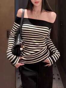 Women's Off-Shoulder Striped Knit Top, Autumn/Winter Slimming Base Layer, Sexy Cold Shoulder Contrast Color Sweater - Black and White Stripes - View 2