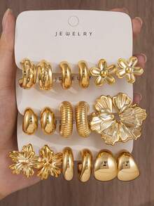 6/18pcs Fashion Earring Set Exaggerated Oversized C-Shaped Elegant Long Earrings Multi-Style Series Earring Set Perfect For Daily And Holiday Wear Women's Earring Set, This Product Is Made Of CCB Material With Non-Fading UV Gold Plating - Multicolor - View 7