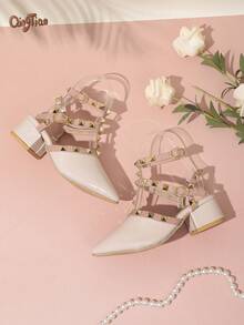 1 Pair Cream White Girls' Gold Rivet Decor Shiny PU Material Square Toe High-Top T-Strap Chunky Heel Cool Sandals Suitable For Summer Outfits, Parties, Banquets And Stage Performances 2026 New Style - Beige - View 2