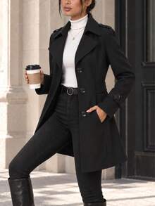 AODSR Women's Black Trench Coat, Slim Fit, Notched Lapel, Single Breasted Button Front, Long Sleeve Mid Length Coat With Pockets - Black - View 4