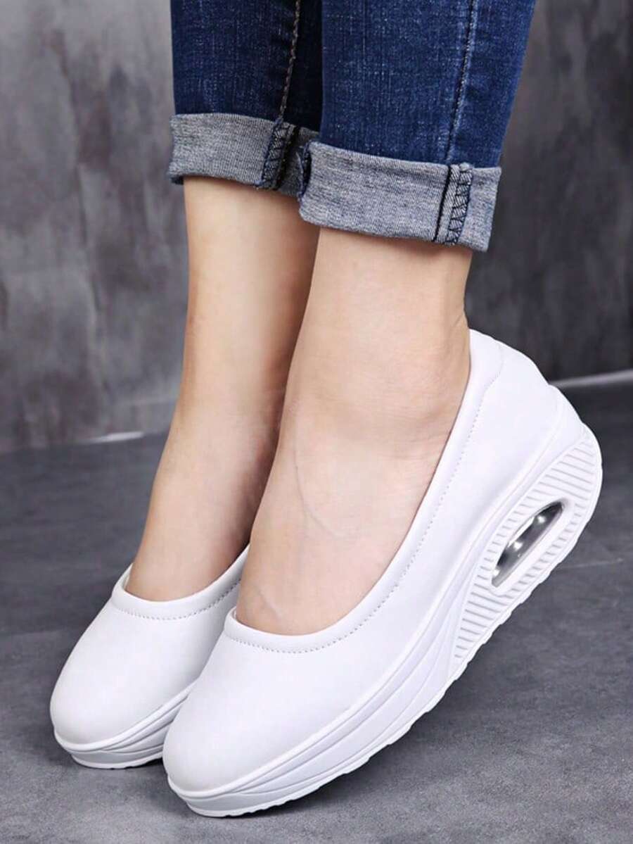 Women's Cushioned Thick Sole Wedge Rocker Work Shoes, Simple Pure White Design, Soft Breathable Medical Nursing Duty Shoes - White - View 1
