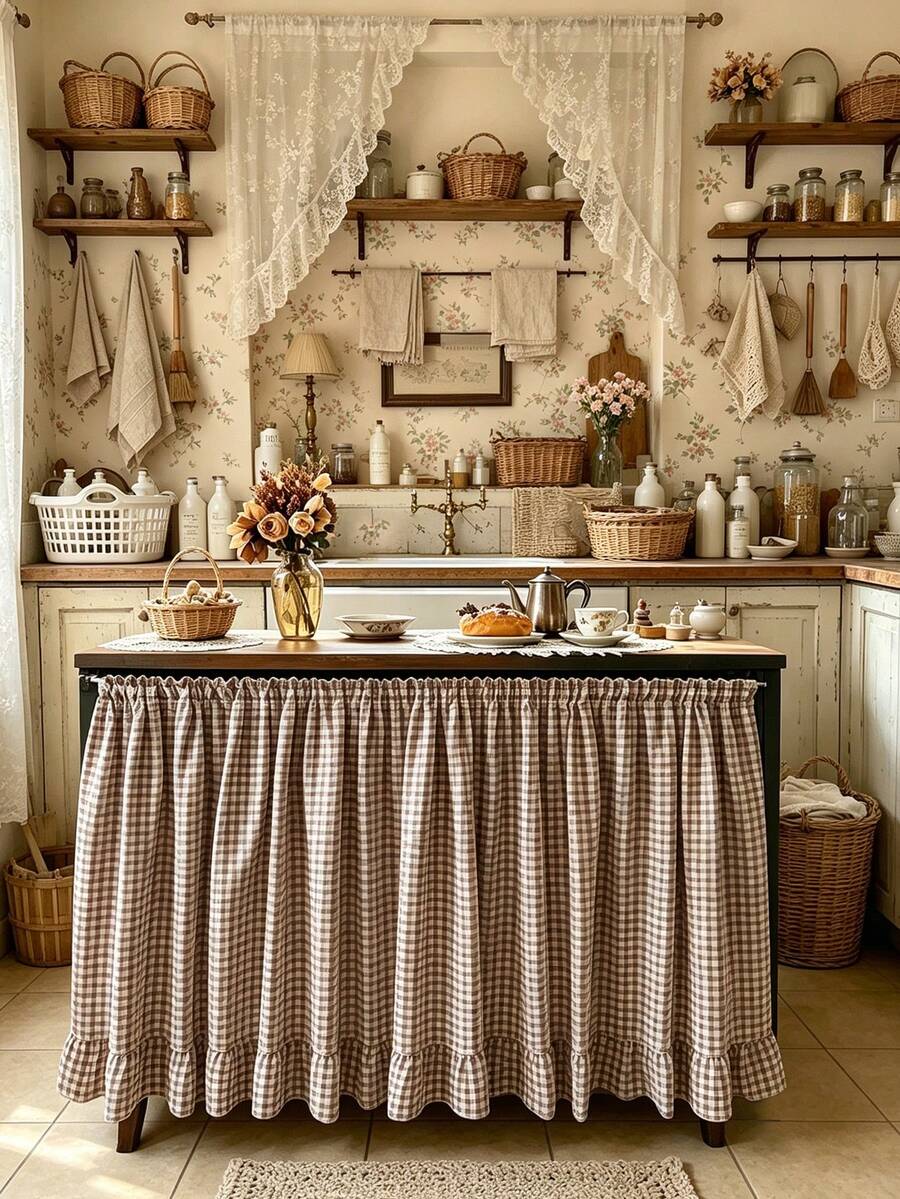 1PC British Country Style Coffee White Plaid Ruffle Table Skirt, Can Cover Cabinet, Sink, Clutter, Kitchen, Wedding, Cafe, Restaurant, Holiday Decoration Curtain - Coffee Brown - View 1