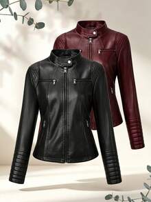 Women's Stand Collar Faux Leather Motorcycle Jacket, Zipper Closure Slim Fit Cropped Biker Coat, Multi-Pocket Design - Black - View 4