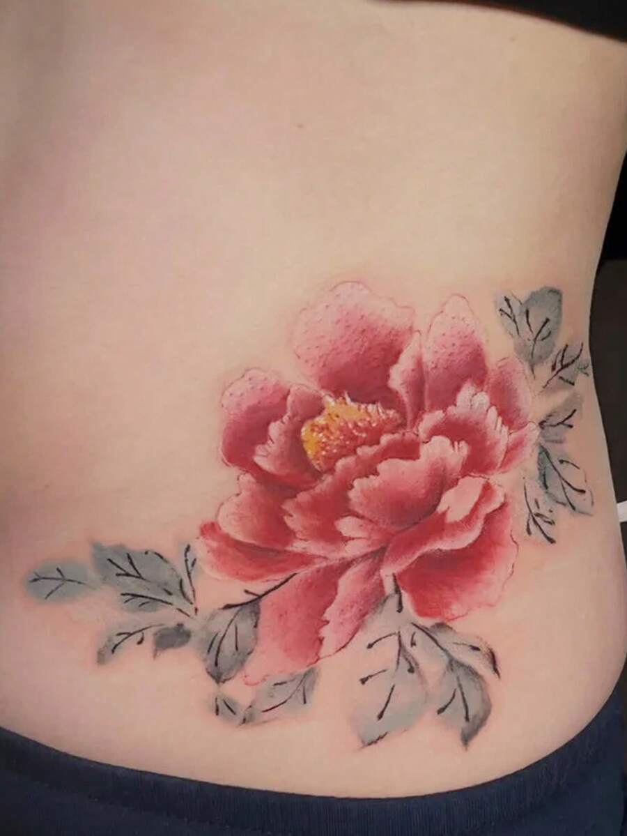1pc Temporary Tattoo Sticker, Red Peony Flower Pattern, Realistic Tattoo Design, Suitable For Daily Wear, Bachelorette Party Favors, Music Festivals, Games, Graduation Gifts, Lasts 3-5 Days - Multicolor - View 1