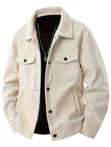 Men's Beige Corduroy Lapel Jacket, Vintage Workwear Style Double Pockets Button Down Loose Casual Outerwear For Spring Autumn - Apricot - View 2