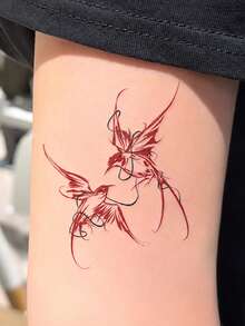 1pc Temporary Tattoo Sticker, Red Double Swallows Line Art Pattern, Realistic Tattoo Design, Suitable For Daily Wear, Bachelorette Party Favors, Music Festivals, Games, Graduation Gifts, Lasts 3-5 Days - Red - View 4