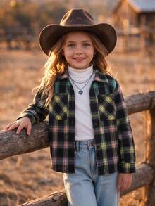Young Girls Vintage Casual Plaid Long Sleeve Shacket, Comfortable Button-Up Lapel Cardigan Top, Suitable For Daily Wear, Autumn And Early Spring Outfits - Multicolor - View 3