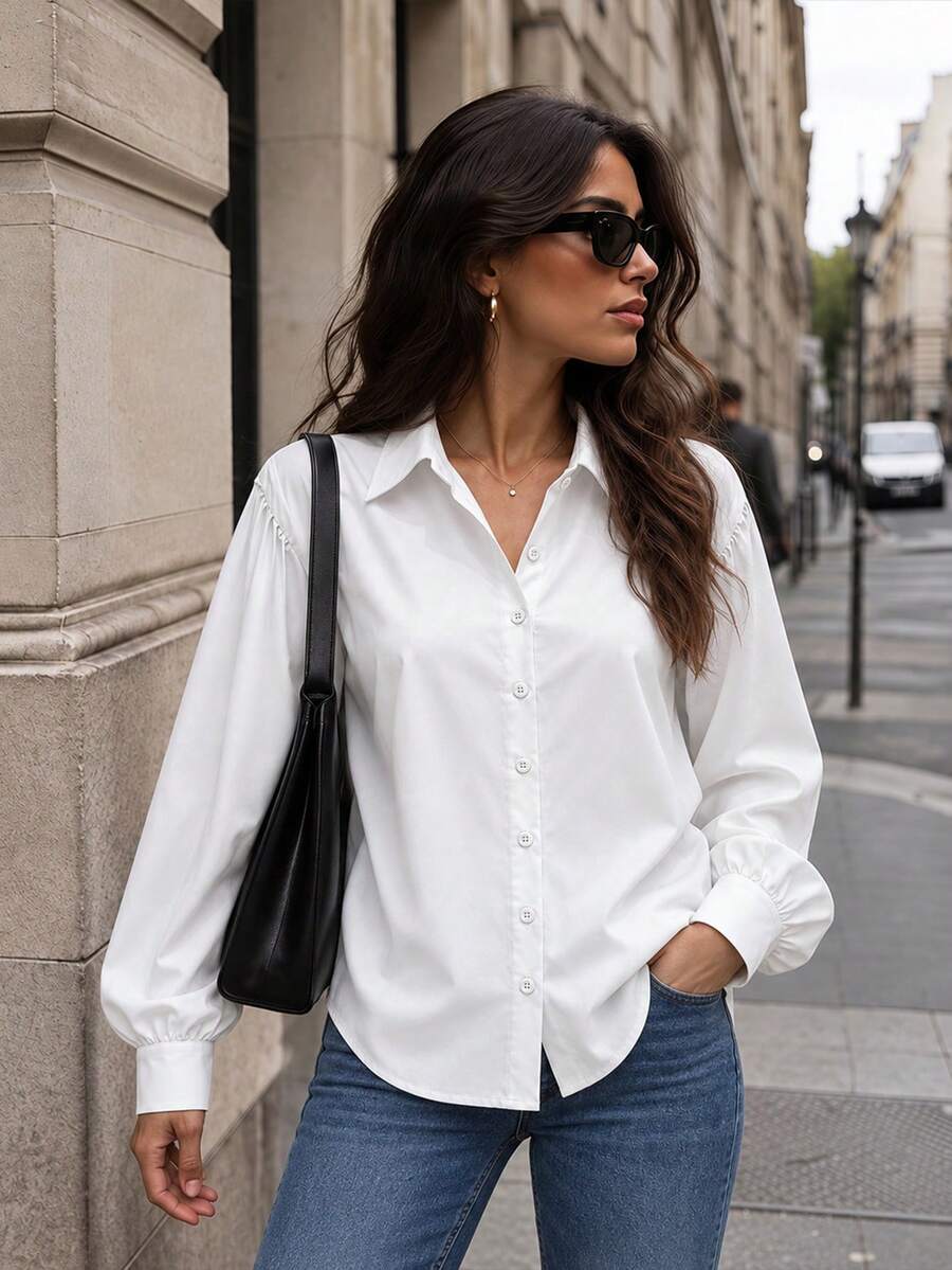 Casual Lantern Sleeve Shirt With Turn-Down Collar White Spring